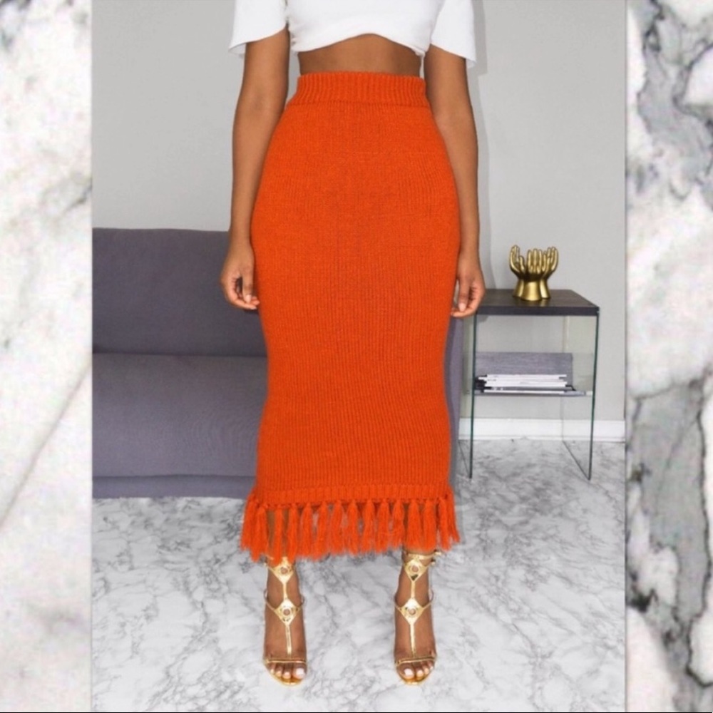 Hanifa Orange Fringe Acrylic knit Nina maxi skirt